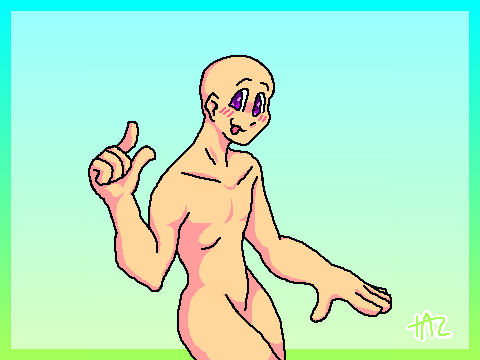 A very simple illustration of an unclothed person in the style of an anime base. Rendered from the knee up. They are bald, fair skinned with purple eyes and are, aside from their face, featureless. Turned at a three-quarter angle, they smile cheerfully at the viewer with a sway in their hip, one arm in front of them, palm facing the floor, the other held up beside them, thumb and forefinger outstretched in a meaningless gesture that looks as though they meant to indicate something of a small length.