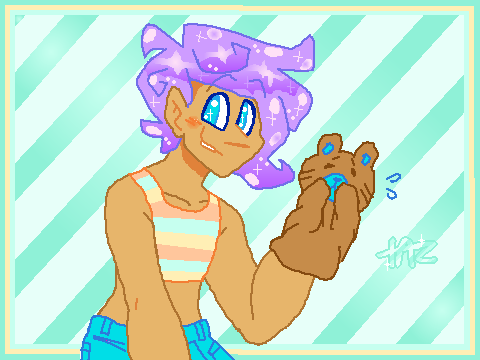 An illustration of a human grinning at the viewer, with a little bear puppet on their left hand. Rendered from the waist up. They have shortish, swooping, glittery purple hair and sparkly cyan eyes, tan skin, and wear a pastel striped cropped tank top and jeans. The bear puppet is a warm brown with a little blue muzzle, and has a shy expression, holding its paws up to partially cover its mouth, with little cartoon indications of sweat drops leaping away from its face in startlement.