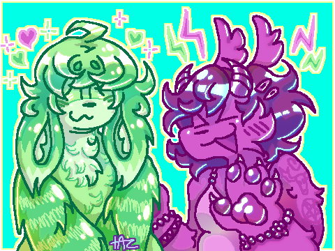 An illustration of two furry creatures standing beside eachother, looking happy and content. Rendered from the waist up. The creature on the left is green, with long fluffy ears hanging down, fuzzy striped arms, and elegant swoopy bangs. Around their face are little green and purple hearts and sparkles. Their eyes are closed and their expression is sheepish but amused. The creature on the right is purple, with curved little horns, fluffy ears that swoop back from the top of their head, shiny paws with little claws, and tatoos on their shoulder depicting a heart, deer skull, and pentagram. They wear two clips in their wild hair, and beaded bracelets on both wrists. Around their face are little green and purple lightning bolts. They lean on the creature on the left, one hand raised excitedly, eyes shut tightly and mouth open laughing, as they seem to be in stitches about something. Both smile brightly.