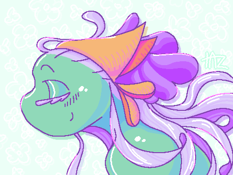 An illustration of a mint green feminine creature, whose tendril-like lilac hair blows back behind her. Rendered from the shoulder up, with the subject in profile. She wears a tangerine coloured handkerchief on her head, partially covering plush purple frills, or maybe ears. Her skin is shiny, her closed eyes have long purple lashes, and she wears a peaceful smile. The backround is filled with subtly doodled white flowers, creating an airy atmosphere.