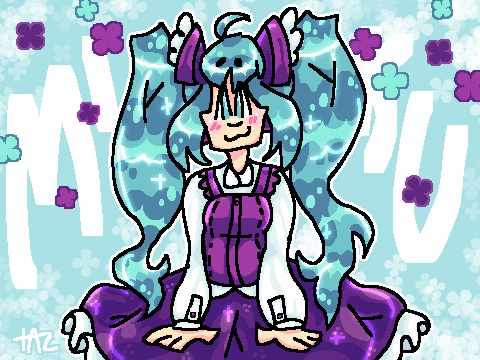 An illustration of Hatsune Miku wearing a purple blouse and poofy purple skirt, framed by text in the background that reads: Miku. Rendered from the knee up.  Her signature aqua high pigtails are decorated with purple cuffs that have a white lace trim. She wears a cap sleeved purple top over a long sleeved, flouncy white shirt with a peter pan collar. Her skirt is a deeper, sparkly purple and is layered over a ruffled petticoat. Surrounded by little teal and purple flowers, she has a sweet, unbothered expression.