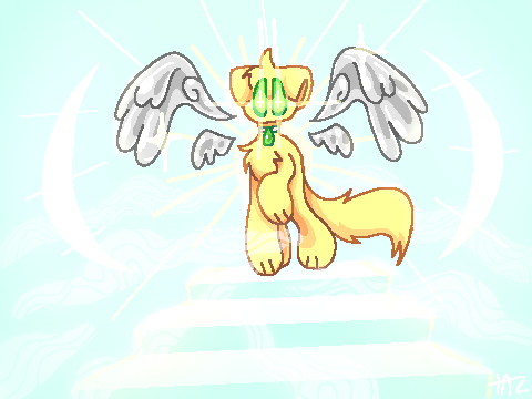 An illustration of an angelic pale yellow cat, standing facing the viewer on a luminous staircase in the pale blue sky. Surrounded by rays of light, clouds spilling down around their feet, they stand imposingly like a guardian, their long silky tail swishing beside them, and one front paw lifted in an elegant and stern pose. Silver wings unfurl symmetrically, framing them with two on each side, and fixed on a white collar, a teardrop shaped emerald hangs from their neck. Unnatural light emanates from their emerald green eyes, which are wide open, expressionless and otherworldly. Looking closely you could observe their pupils as glowing white crosses.
