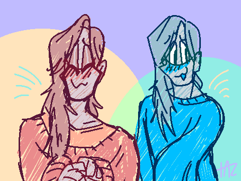 Two sketches of the same figure, one pale red and rendered from the chest up, one light blue and rendered from the waist up. They have long scruffy side swept hair, pale skin, are wearing an oversize sweater, and are coloured in with messy strokes monochromatically with various shades and tones of their respective colour. The red sketch shows the figure smiling and blushing, their eyes shut cheerfully aa they fiddle with their hands in front of them. The blue sketch shows them glancing bashfully to the side with a silly smile, holding their arms with their baggy sleeves in front of them. The background is blocks of pastel colour in yellow, green, cyan and purple.
